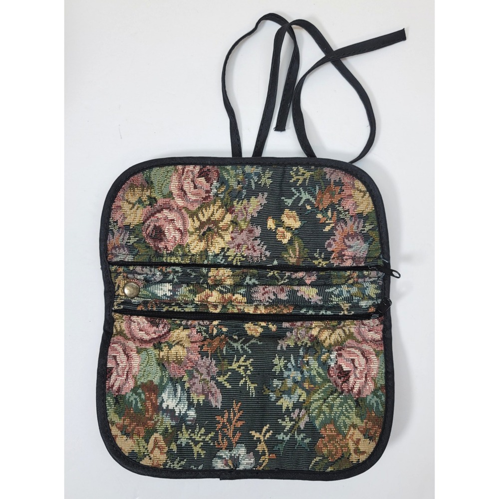 Vtg Floral Tapestry Jewelry Roll Travel Organizer Pouch 2 Zip Pockets/Ring Bar